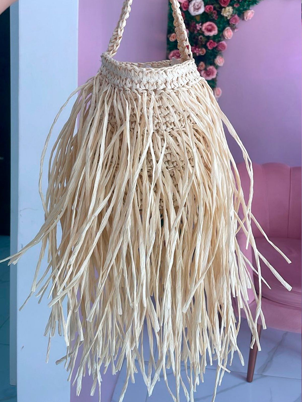 Bolsa de Praia com Franjas Longas em Palha