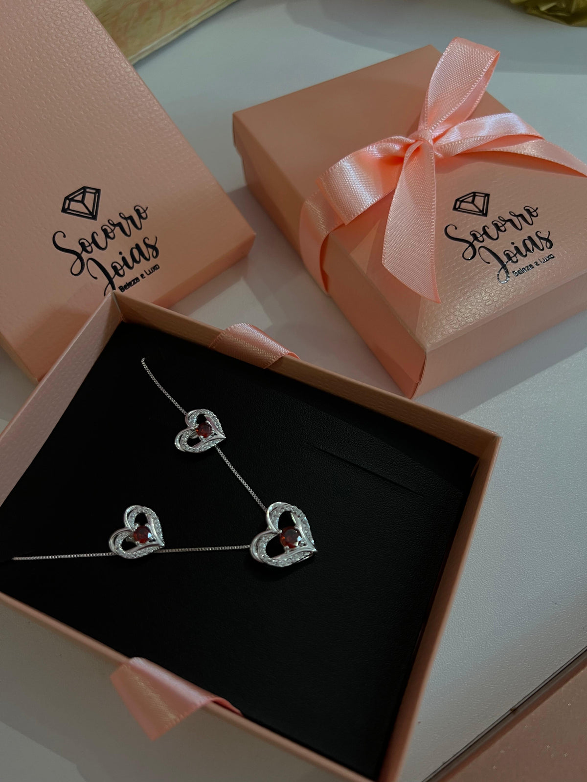 Conjunto Coração Rubi Prata 925